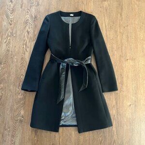 J. Crew Black Double-cloth Wrap Lady Coat with Removable Leather Belt Size 10
